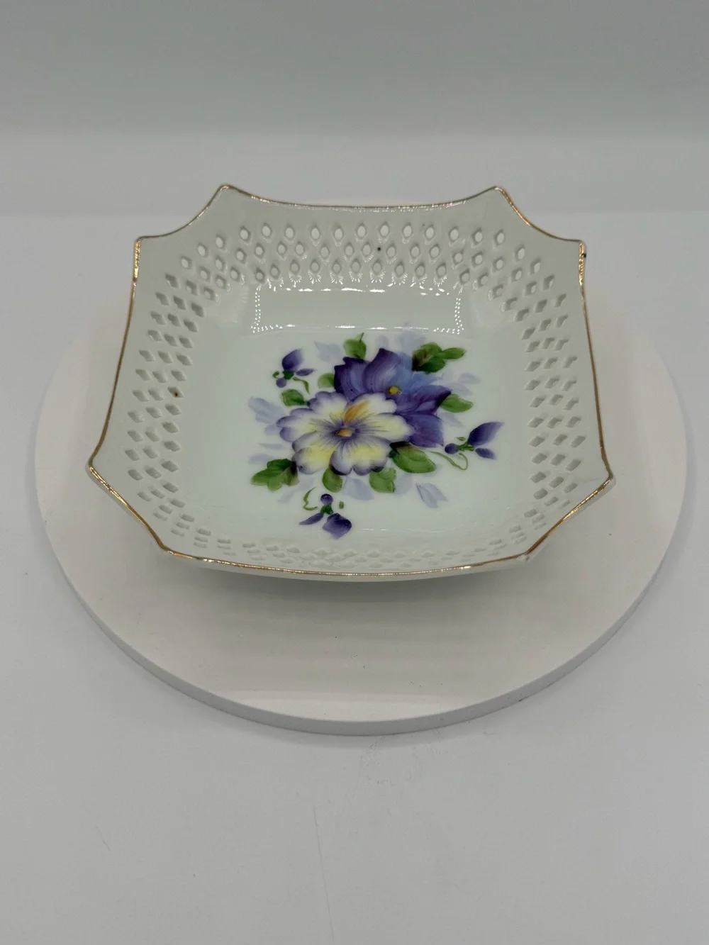 Vintage White Porcelain Decorative Plate with Purple Floral Design-JAPAN